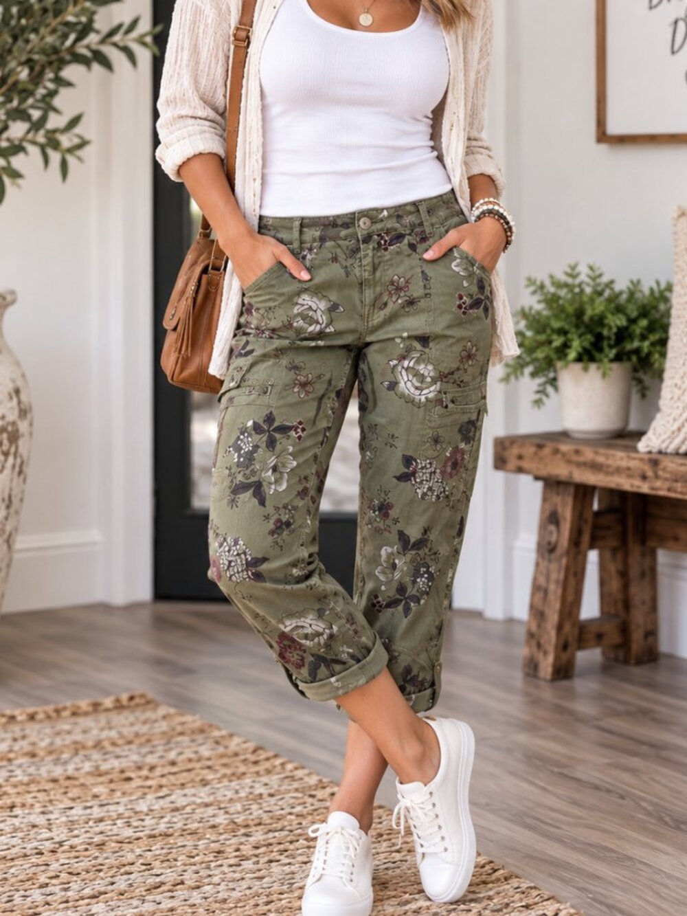 Democracy Flex-ellent Army Green Floral Cargo Capri Ankle Pants 8
